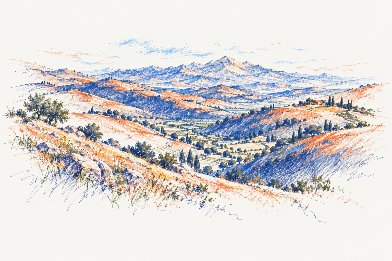 Blue and orange ink drawings of hills and a mountain valley.