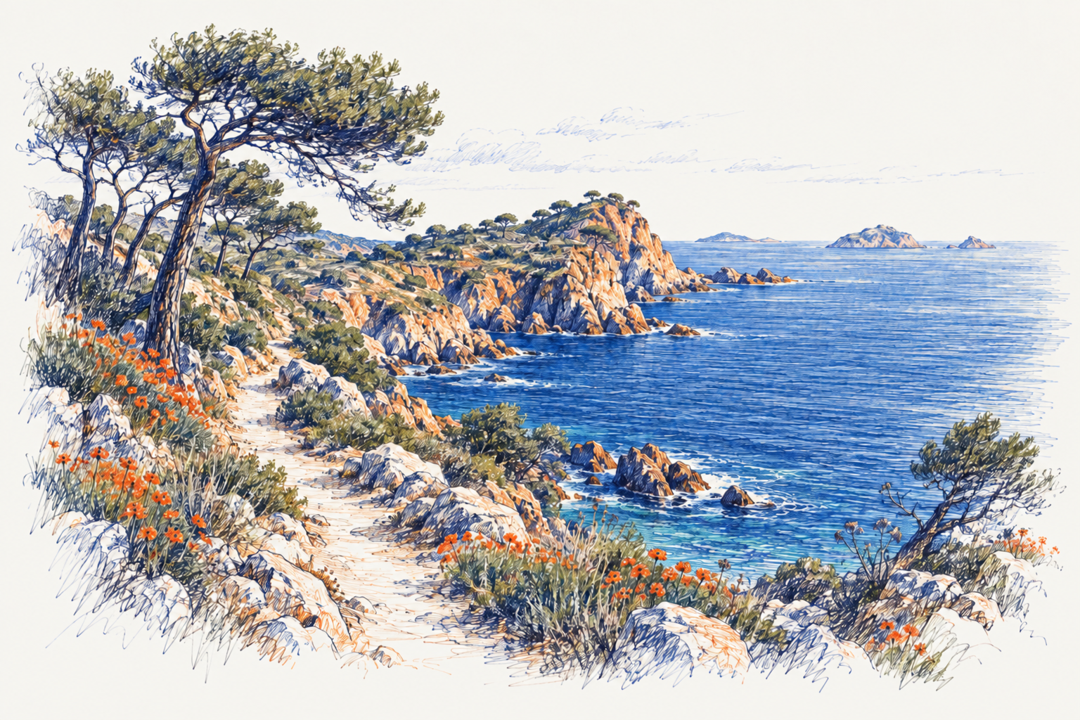 An ink drawing of a coastal path, windswept pines and blue sea.